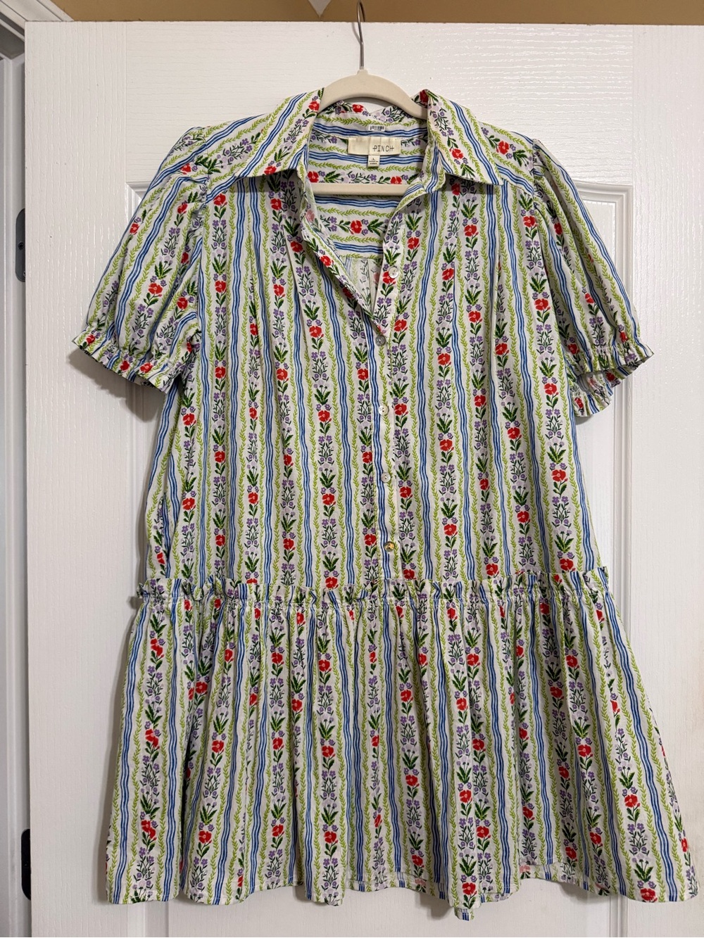 Pinch Floral Stripe Button-Front Dress in Red, Blue & Green